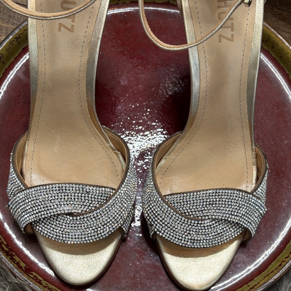 SCHUTZ Silver and Rhinestone Leather Sequins Heels sz 8 - Picture 3 of 14